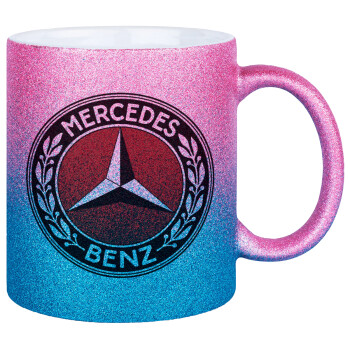 Mercedes vintage, Κούπα Χρυσή/Μπλε Glitter, κεραμική, 330ml