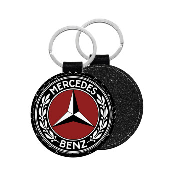 Mercedes vintage, Μπρελόκ Δερματίνη, στρογγυλό ΜΑΥΡΟ (5cm)