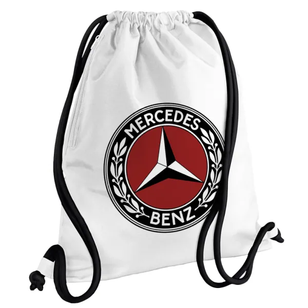 Mercedes vintage — Τσάντα πλάτης πουγκί GYMBAG λευκή, με τσέπη (40x48cm) & χονδρά κορδόνια
