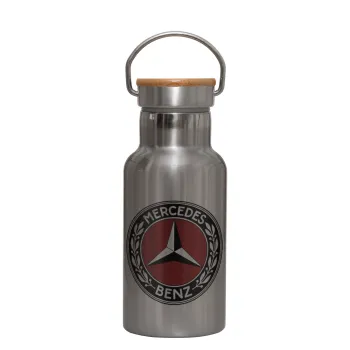 Mercedes vintage, Μεταλλικό παγούρι θερμός (Stainless steel) Ασημένιο με ξύλινο καπακι (bamboo), διπλού τοιχώματος, 350ml