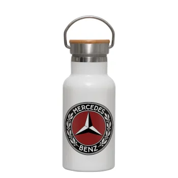 Mercedes vintage, Metallic thermos (Stainless steel) White with wooden lid (bamboo), double-walled, 350ml