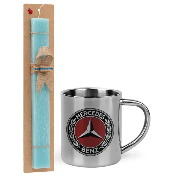 Mercedes vintage, Easter Set, metallic thermal cup (300ml) & aromatic flat Easter candle (30cm) (TURQUOISE)