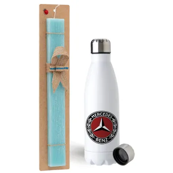 Mercedes vintage, Easter Set, metallic stainless steel water bottle (750ml) & aromatic flat Easter candle (30cm) (TURQUOISE)