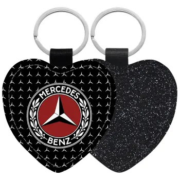 Mercedes vintage, Μπρελόκ PU δερμάτινο glitter καρδιά ΜΑΥΡΟ