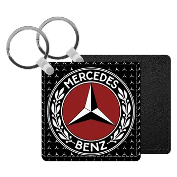 Mercedes vintage, Μπρελόκ Δερματίνη, τετράγωνο ΜΑΥΡΟ (5x5cm)