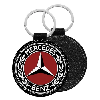 Mercedes vintage, Μπρελόκ Δερματίνη, στρογγυλό ΜΑΥΡΟ (5cm)
