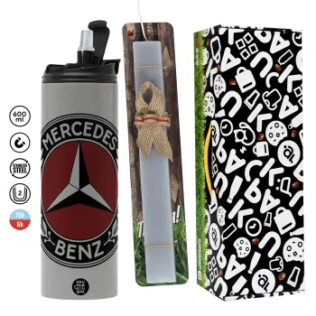 Mercedes vintage, Πασχαλινή Λαμπάδα με Travel Tumbler θερμό (600ml, BPA free) & κερί αρωματικό πλακέ (30cm) (ΓΚΡΙ)