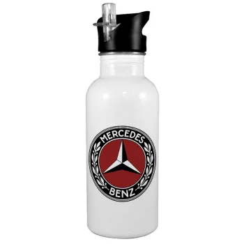 Mercedes vintage, White water bottle with straw, stainless steel 600ml