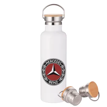 Mercedes vintage, Stainless steel White with wooden lid (bamboo), double wall, 750ml