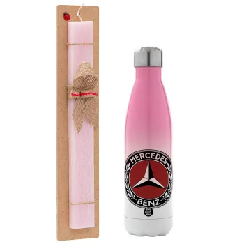 Mercedes vintage, Easter Set, Metallic pink/white (Stainless steel) thermos, double-walled, 500ml & aromatic flat Easter candle (30cm) (PINK)