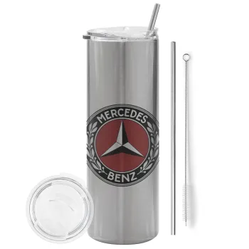 Mercedes vintage, Tumbler stainless steel Silver 600ml, with metal straw & cleaning brush