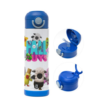 FALL GUYS, Children's hot water bottle, stainless steel, with safety straw, BLUE (500ml)