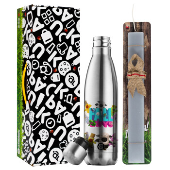 FALL GUYS, Easter Set, metallic stainless thermos flask (500ml) & scented flat Easter candle (30cm) (GRAY)