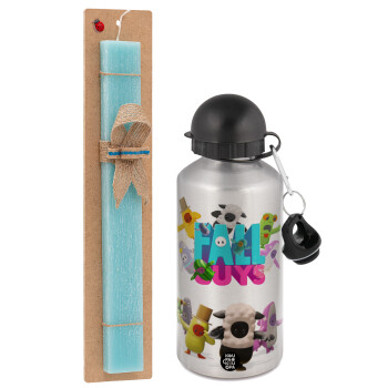 FALL GUYS, Easter Set, metallic silver aluminum water bottle (500ml) & scented flat Easter candle (30cm) (TURQUOISE)