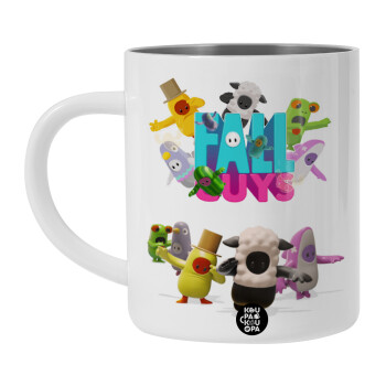 FALL GUYS, Λευκή Ανοξείδωτη Μεταλλική Κούπα 450ml - Διπλού Τοιχώματος 