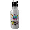 Water bottle Silver with straw, stainless steel 600ml