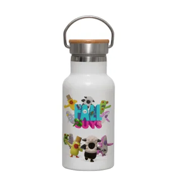 FALL GUYS, Μεταλλικό παγούρι θερμός (Stainless steel) Λευκό με ξύλινο καπακι (bamboo), διπλού τοιχώματος, 350ml