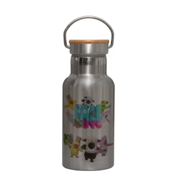 FALL GUYS, Μεταλλικό παγούρι θερμός (Stainless steel) Ασημένιο με ξύλινο καπακι (bamboo), διπλού τοιχώματος, 350ml