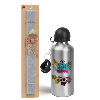 FALL GUYS, Easter Set, metallic silver aluminum water bottle (500ml) & aromatic flat Easter candle (30cm) (GRAY)