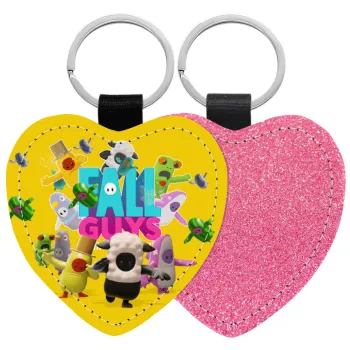 FALL GUYS, Μπρελόκ PU δερμάτινο glitter καρδιά ΡΟΖ