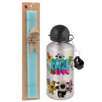 FALL GUYS, Easter Set, metallic silver aluminum water bottle (500ml) & scented flat Easter candle (30cm) (TURQUOISE)