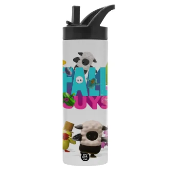 FALL GUYS, Μεταλλικό παγούρι θερμός με καλαμάκι & χειρολαβή, ανοξείδωτο ατσάλι (Stainless steel 304), διπλού τοιχώματος, 600ml