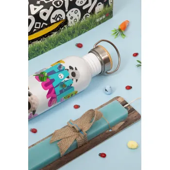FALL GUYS, Easter Set, metallic silver aluminum water bottle (500ml) & scented flat Easter candle (30cm) (TURQUOISE)