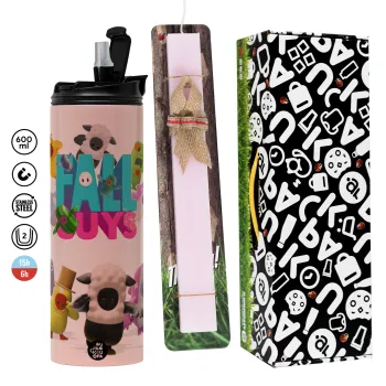 FALL GUYS, Easter candle,Travel Tumbler 2 Lids, with metal straw & cleaning brush & aromatic flat candle (30cm) (PINK)