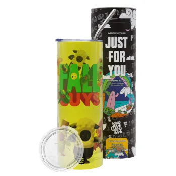 FALL GUYS, Neon Yellow Travel Tumbler θερμό, μεταλλικό καλαμάκι(Ανωξείδωτο 304 Food grade, BPA free, 600ml)