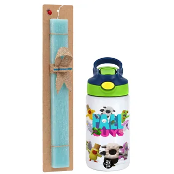 FALL GUYS, Easter Set, Children's thermal stainless steel bottle with safety straw, green/blue (350ml) & aromatic flat Easter candle (30cm) (TURQUOISE)