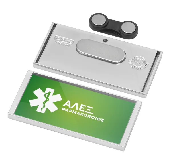 Φαρμακείο πράσινο με κηρύκειο — Name Tags/Badge Silver με μαγνήτη ασφαλείας (75x36mm)