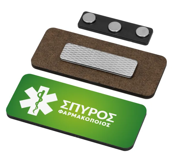 Φαρμακείο πράσινο με κηρύκειο — Name Tags/Badge Ξύλινο με μαγνήτη ασφαλείας (75x30mm)