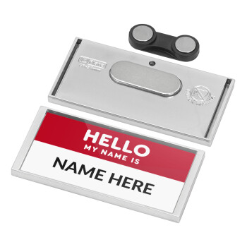Your name here simple RED, Name Tags/Badge Silver με μαγνήτη ασφαλείας (75x36mm)
