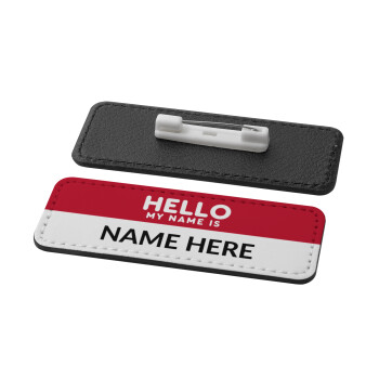 Your name here simple RED, Name Tags/Badge Leather Round Pin/Safety  (82x31mm)