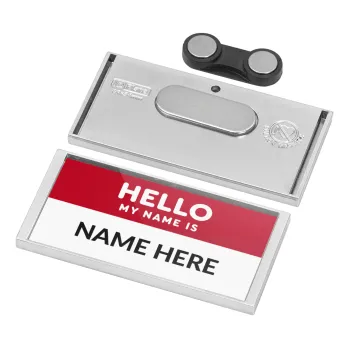 Your name here simple RED, Name Tags/Badge Silver με μαγνήτη ασφαλείας (75x36mm)