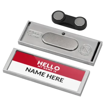Your name here simple RED, Name Tags/Badge Silver με μαγνήτη ασφαλείας