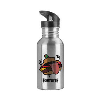 Fortnite Durr Burger, Παγούρι νερού Ασημένιο με καλαμάκι, ανοξείδωτο ατσάλι 600ml