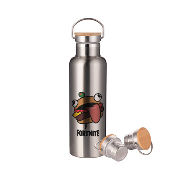 Fortnite Durr Burger, Μεταλλικό παγούρι θερμός (Stainless steel) Ασημένιο με ξύλινο καπακι (bamboo), διπλού τοιχώματος, 750ml