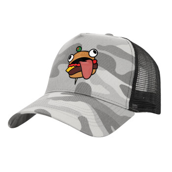 Fortnite Durr Burger, Adult Structured Trucker Hat, with Mesh, (Camouflage) Army Camo (100% COTTON, ADULT, UNISEX, ONE SIZE)