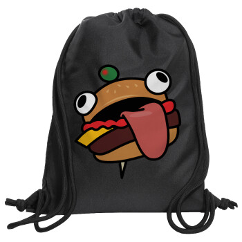 Fortnite Durr Burger, Τσάντα πλάτης πουγκί GYMBAG Μαύρη, με τσέπη (40x48cm) & χονδρά κορδόνια
