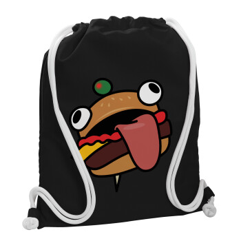 Fortnite Durr Burger, Τσάντα πλάτης πουγκί GYMBAG Μαύρη, με τσέπη (40x48cm) & χονδρά λευκά κορδόνια