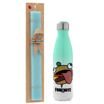 Fortnite Durr Burger, Easter Set, Metallic green/white thermos (Stainless steel), double-walled, 500ml & scented flat Easter candle (30cm) (TURQUOISE)