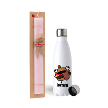 Fortnite Durr Burger, Easter Set, metallic stainless steel water bottle (750ml) & scented flat Easter candle (30cm) (PINK)