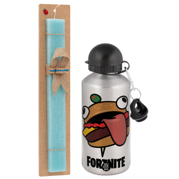 Fortnite Durr Burger, Easter Set, metallic silver aluminum water bottle (500ml) & scented flat Easter candle (30cm) (TURQUOISE)