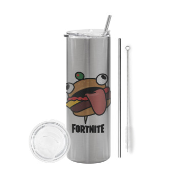Fortnite Durr Burger, Eco friendly stainless steel Silver tumbler 600ml, with metal straw & cleaning brush