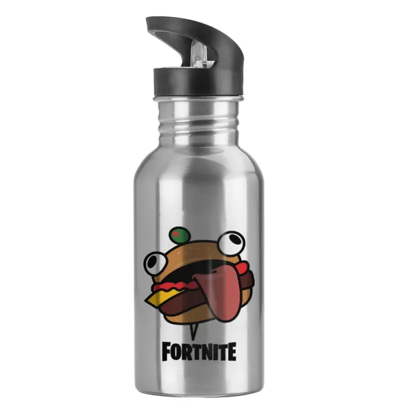 Fortnite Durr Burger — Παγούρι νερού Ασημένιο με καλαμάκι, ανοξείδωτο ατσάλι 600ml