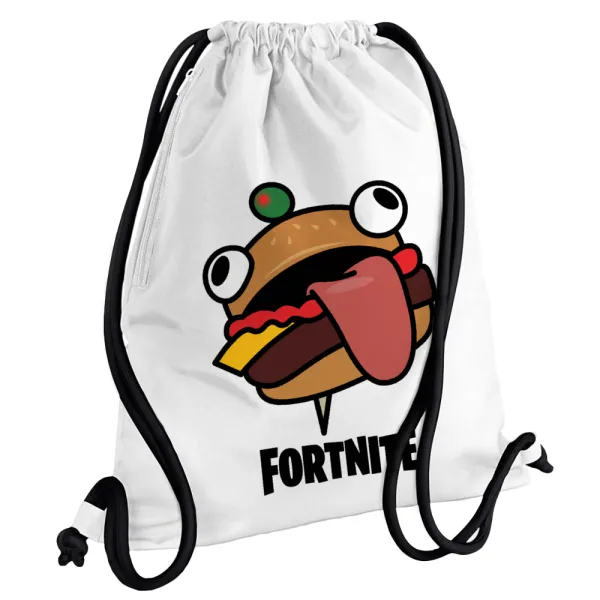 Fortnite Durr Burger — Τσάντα πλάτης πουγκί GYMBAG λευκή, με τσέπη (40x48cm) & χονδρά κορδόνια