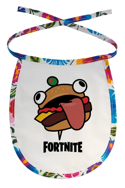 Fortnite Durr Burger — Stain-resistant baby bib with tie, multicoloured
