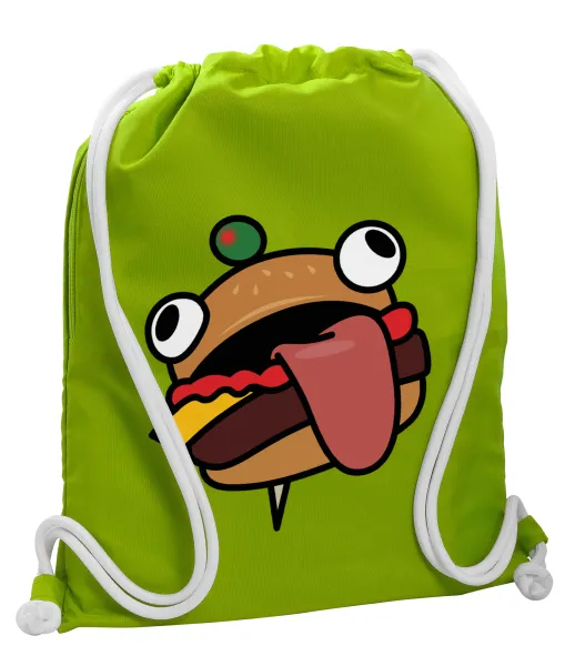 Fortnite Durr Burger — Backpack bag GYMBAG LIME GREEN, with pocket (40x48cm) & thick cords