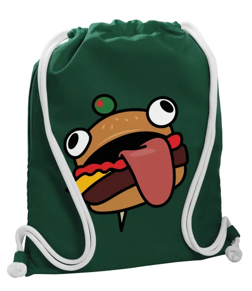 Fortnite Durr Burger — Backpack pouch GYMBAG BOTTLE GREEN, with pocket (40x48cm) & thick white cords